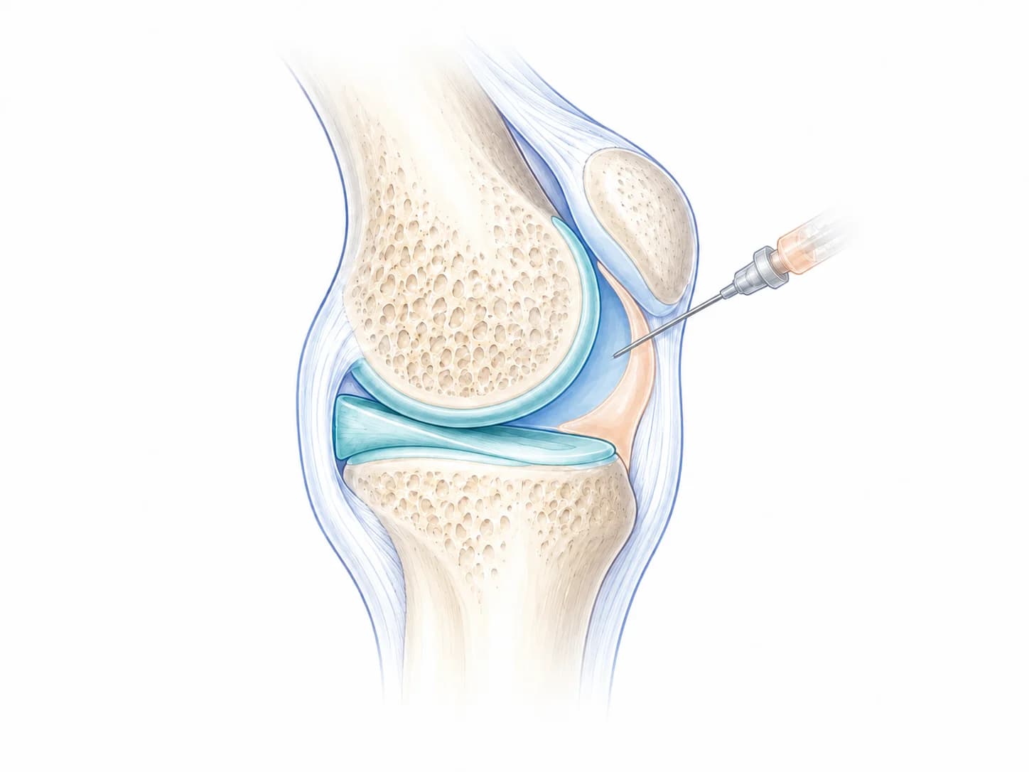 Knee joint cross-section with a needle delivering Arthrosamid into the joint space beneath the synovial lining